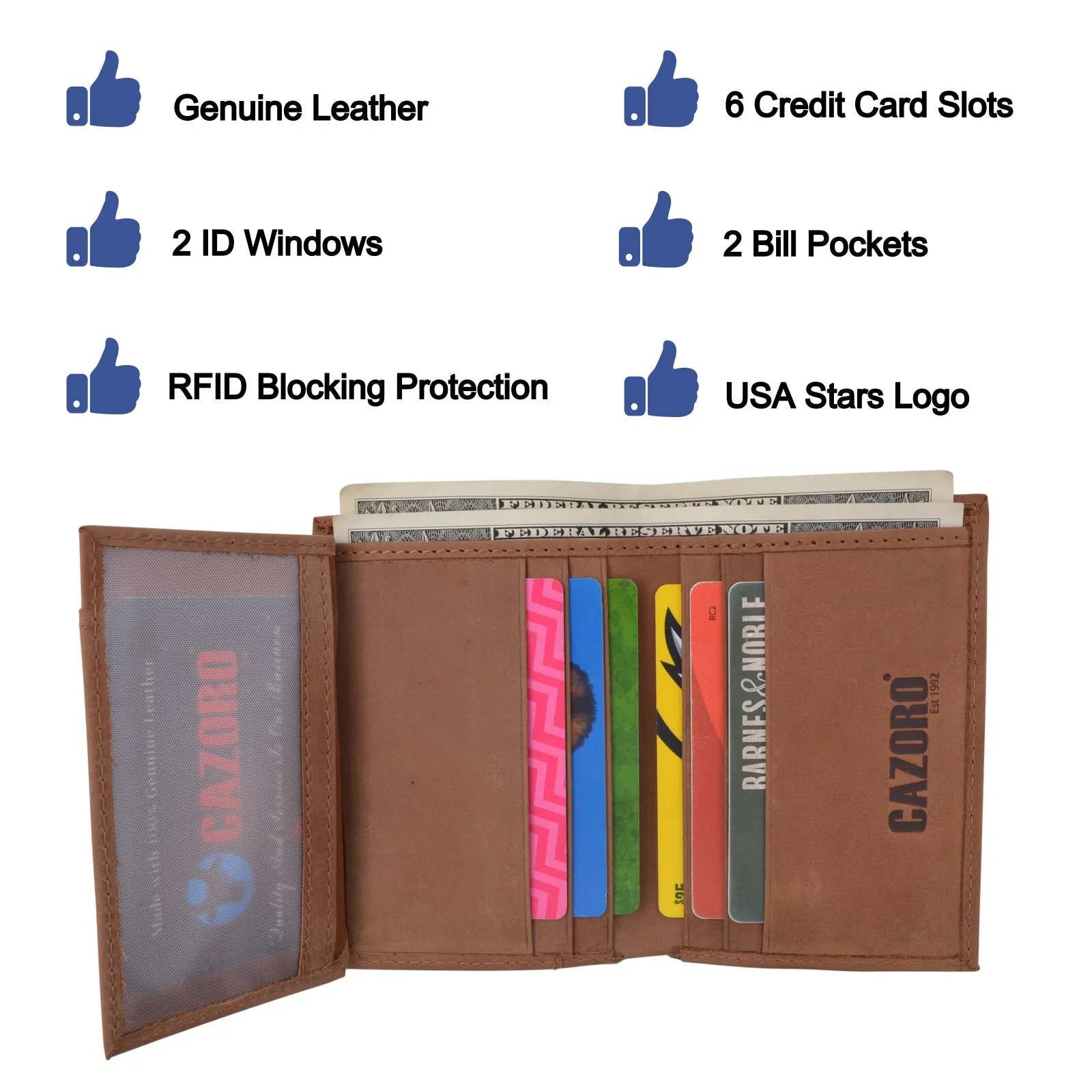 RFID Protected Mens Leather Wallet Bifold 2 ID Windows Double Bill Sections USA Stars & Stripes