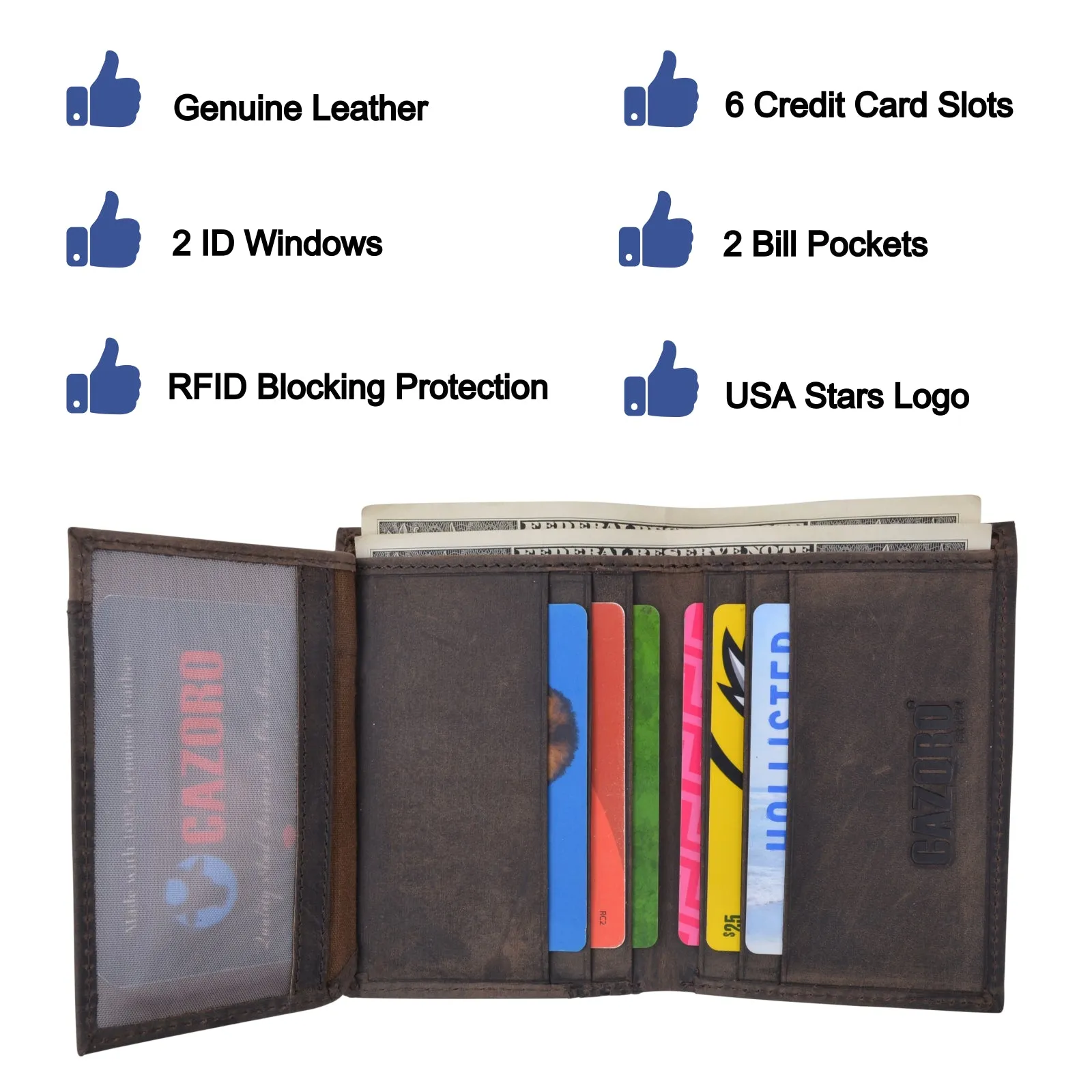 RFID Protected Mens Leather Wallet Bifold 2 ID Windows Double Bill Sections USA Stars & Stripes