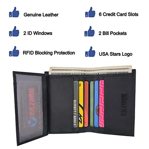 RFID Protected Mens Leather Wallet Bifold 2 ID Windows Double Bill Sections USA Stars & Stripes