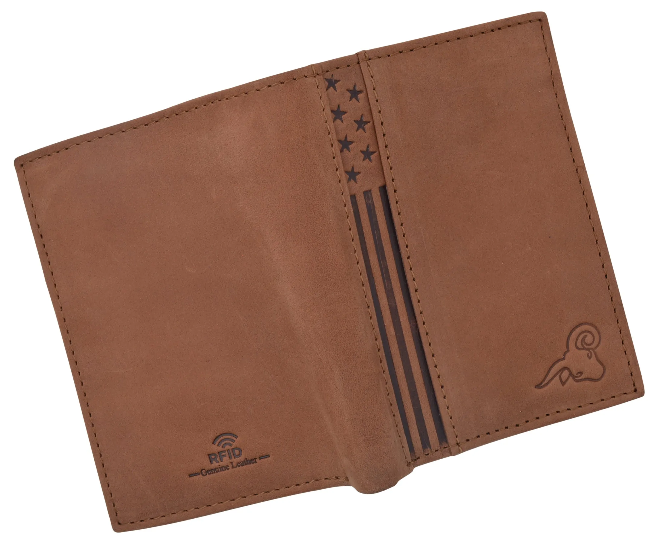 RFID Protected Mens Leather Wallet Bifold 2 ID Windows Double Bill Sections USA Stars & Stripes