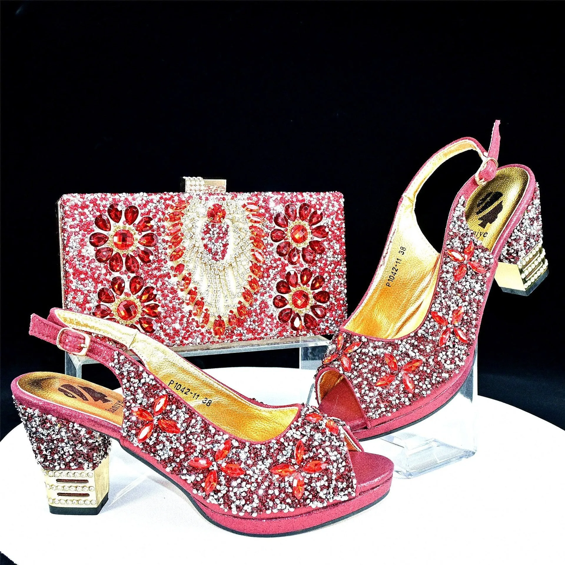 Rhinestone Chunky High Heel Casual Sandals With Clutch Bag ,With RHhinestone Bag ,Diamond Evening Wedding Bag