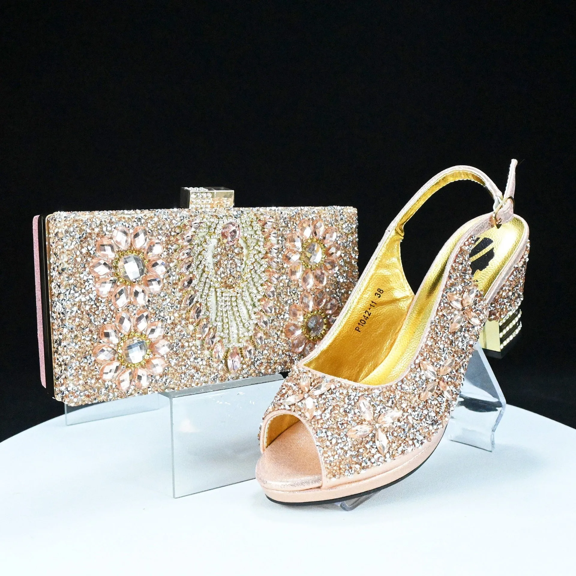 Rhinestone Chunky High Heel Casual Sandals With Clutch Bag ,With RHhinestone Bag ,Diamond Evening Wedding Bag