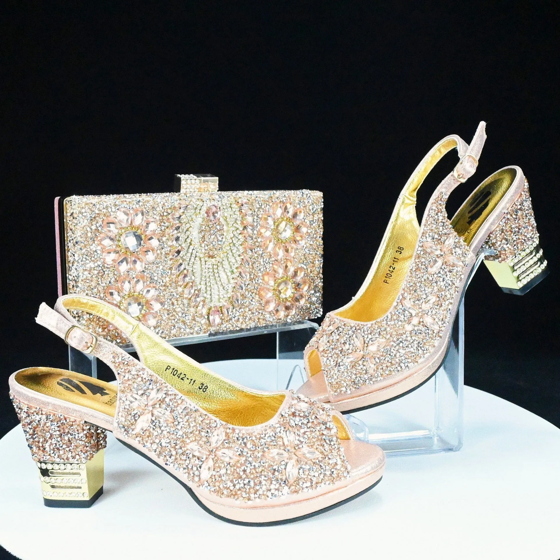 Rhinestone Chunky High Heel Casual Sandals With Clutch Bag ,With RHhinestone Bag ,Diamond Evening Wedding Bag