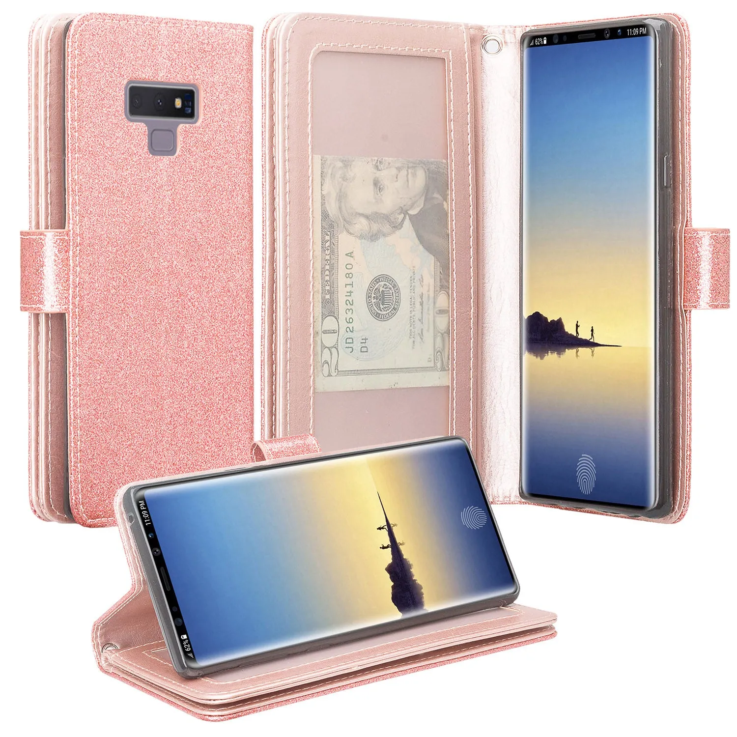 Samsung Galaxy Note 9, SM-N960U Case, [Wrist Strap] Glitter Faux Leather Flip [Kickstand Feature] Protective Wallet Case Cover Clutch - Rose Gold