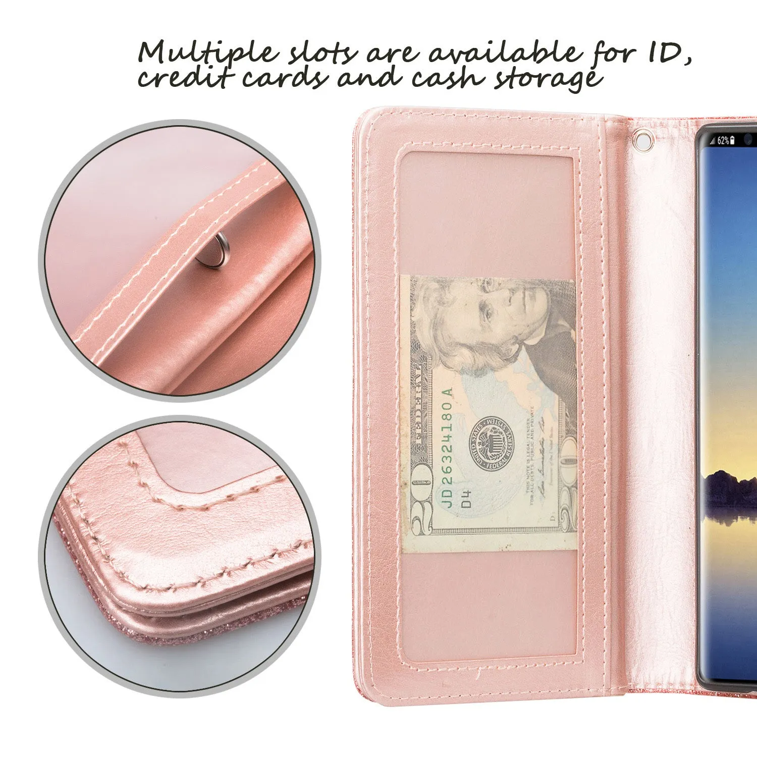 Samsung Galaxy Note 9, SM-N960U Case, [Wrist Strap] Glitter Faux Leather Flip [Kickstand Feature] Protective Wallet Case Cover Clutch - Rose Gold