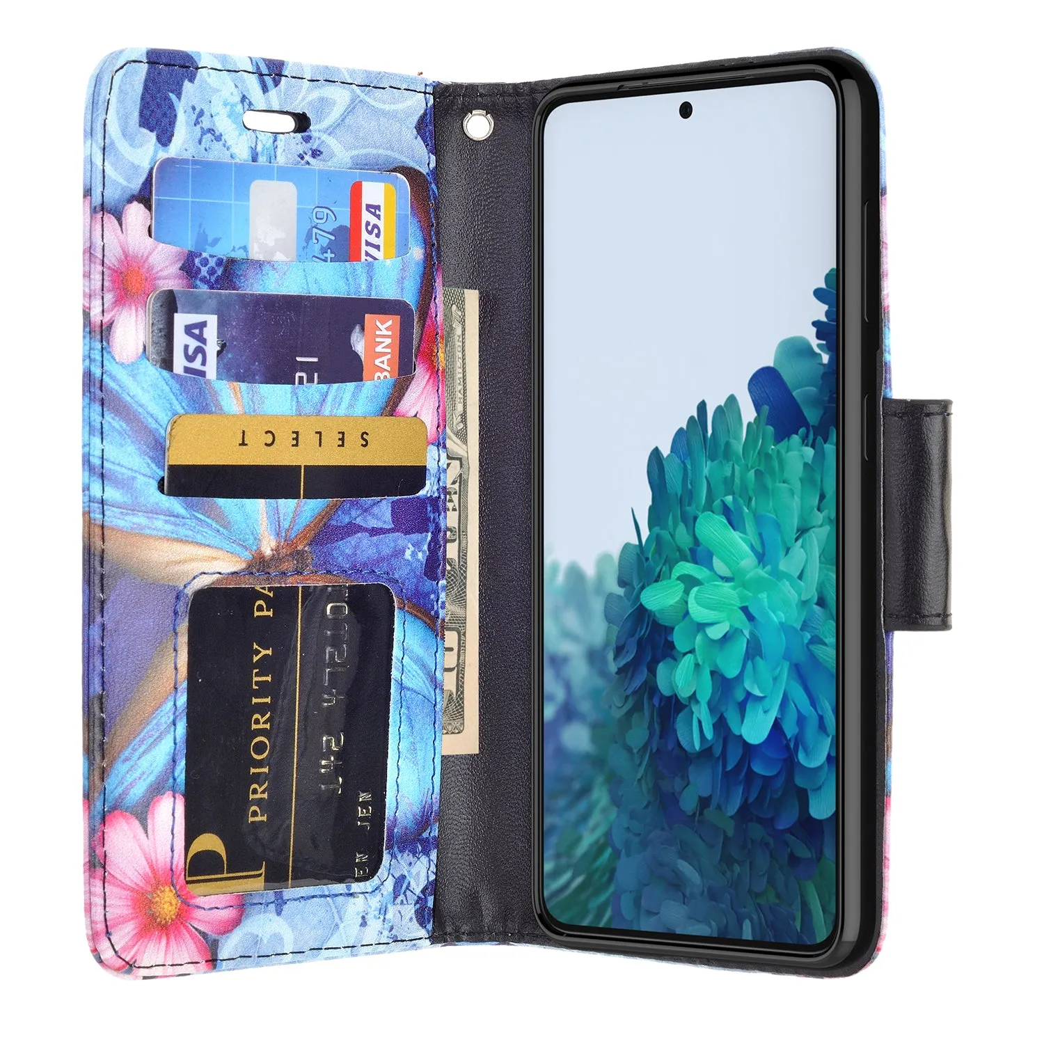 Samsung Galaxy S21 Case, Galaxy S21 Wallet Case, Wrist Strap Pu Leather Wallet Case [Kickstand] with ID & Credit Card Slots - Blue Butterfly