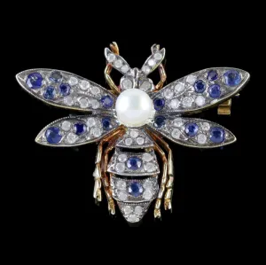 Sapphire Diamond Insect Brooch 18Ct Gold Silver Pearl