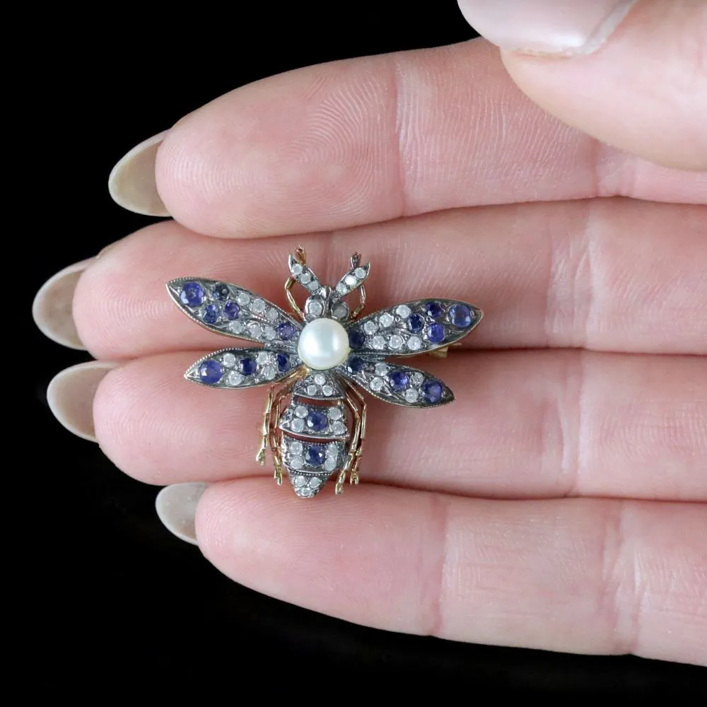 Sapphire Diamond Insect Brooch 18Ct Gold Silver Pearl