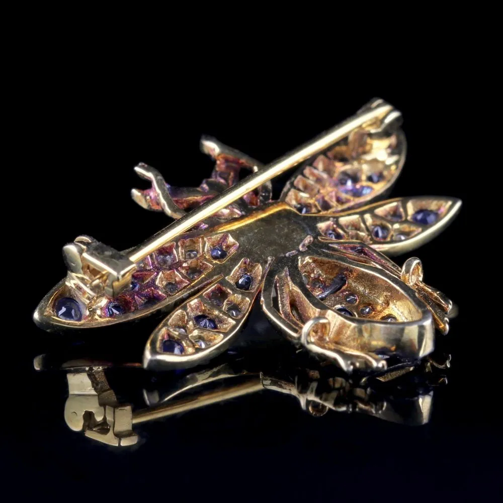 Sapphire Diamond Insect Brooch 18Ct Gold Silver Pearl