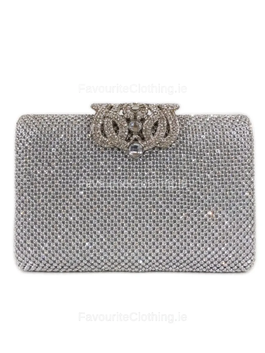 Silver Diamante Embellished Diamond Design Clutch Bag