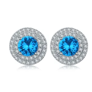 Tropical Blue CZ Double Halo 14K White Gold Plated Stud Earrings for Woman