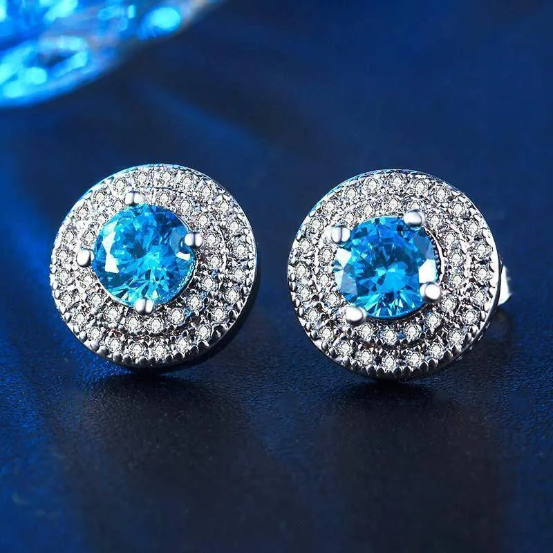 Tropical Blue CZ Double Halo 14K White Gold Plated Stud Earrings for Woman