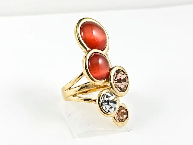 Unique Long Multi Round Disc Multi Color Stones Design Gold Tone Steel Ring