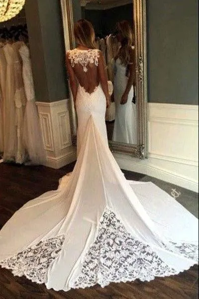 Unique Mermaid Sheer Neck Wedding Dresses with Lace Unique Ivory Bridal Dresses WK920