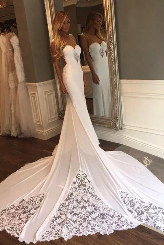 Unique Mermaid Sheer Neck Wedding Dresses with Lace Unique Ivory Bridal Dresses WK920