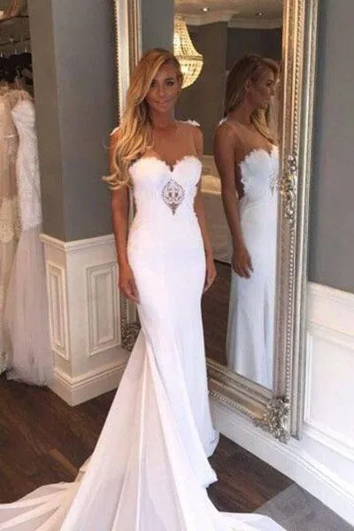 Unique Mermaid Sheer Neck Wedding Dresses with Lace Unique Ivory Bridal Dresses WK920