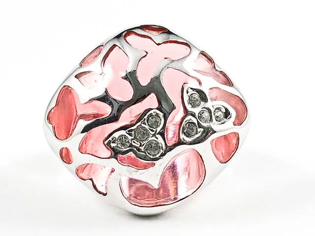 Unique Shape Transparent Red Crystal Glow With Cute Shiny Metallic Overlay Design Silver Ring