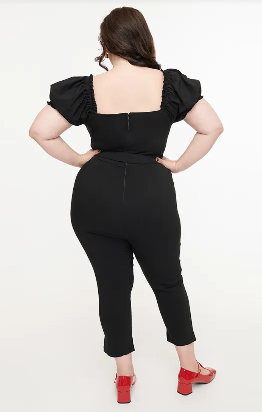 Unique Vintage Solid Black Belted Jumpsuit