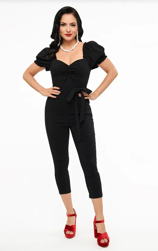 Unique Vintage Solid Black Belted Jumpsuit