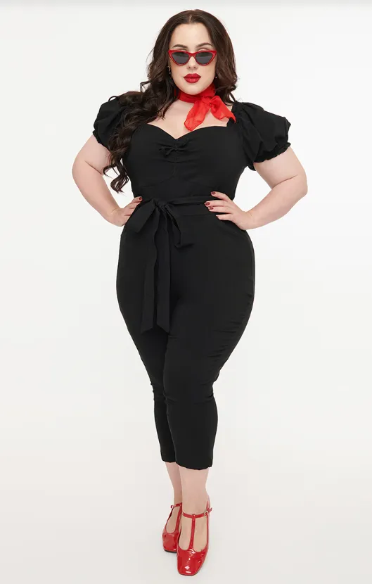 Unique Vintage Solid Black Belted Jumpsuit