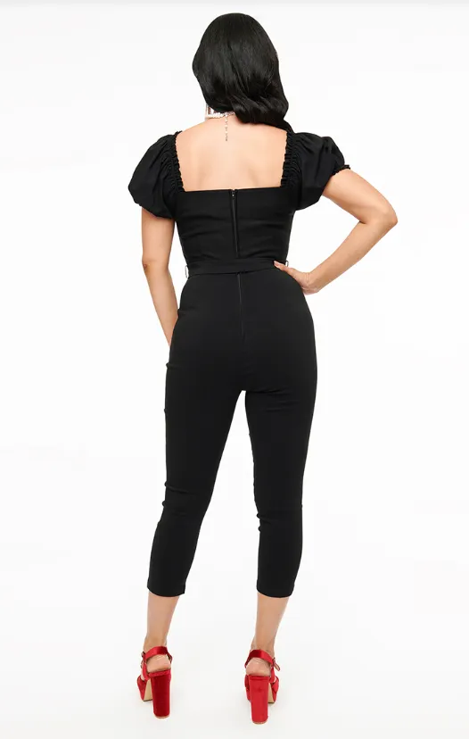 Unique Vintage Solid Black Belted Jumpsuit