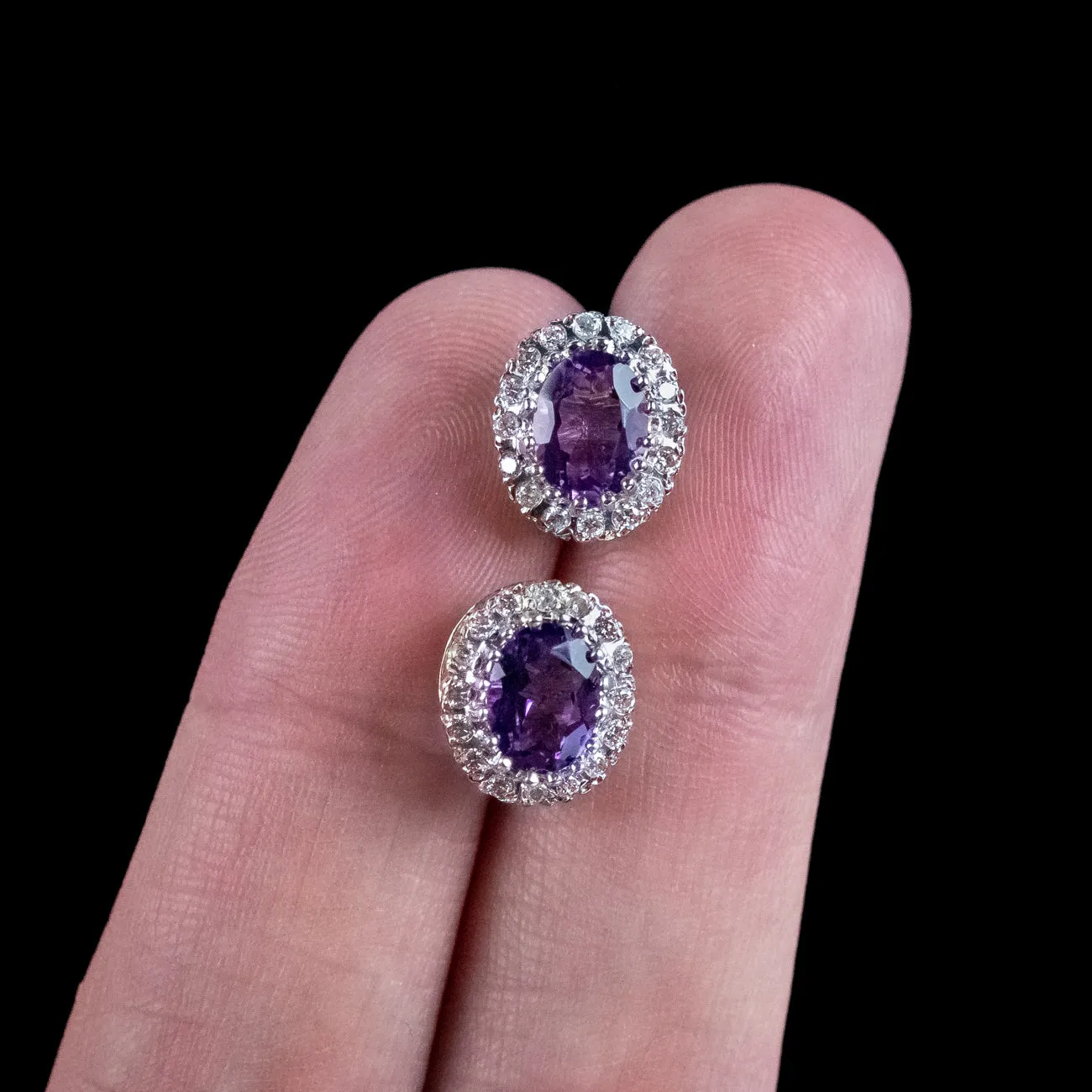 Victorian Style Amethyst Diamond Cluster Stud Earrings 9ct Gold