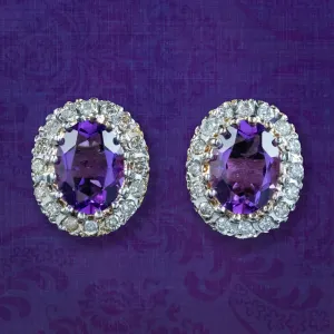 Victorian Style Amethyst Diamond Cluster Stud Earrings 9ct Gold