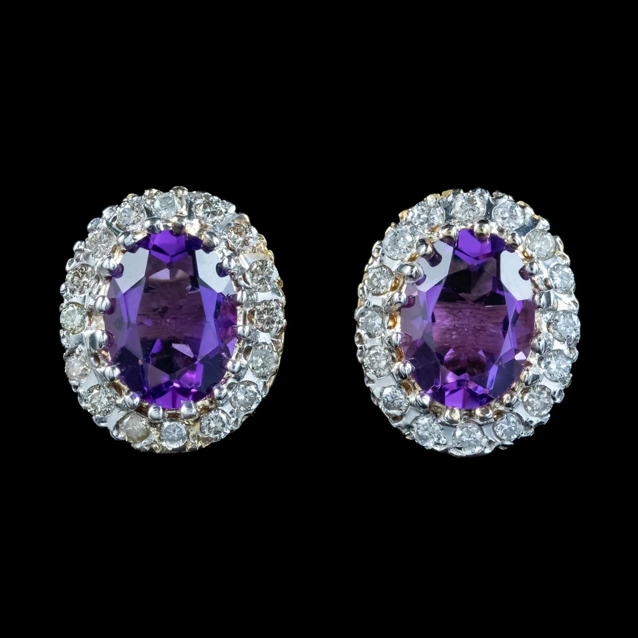 Victorian Style Amethyst Diamond Cluster Stud Earrings 9ct Gold