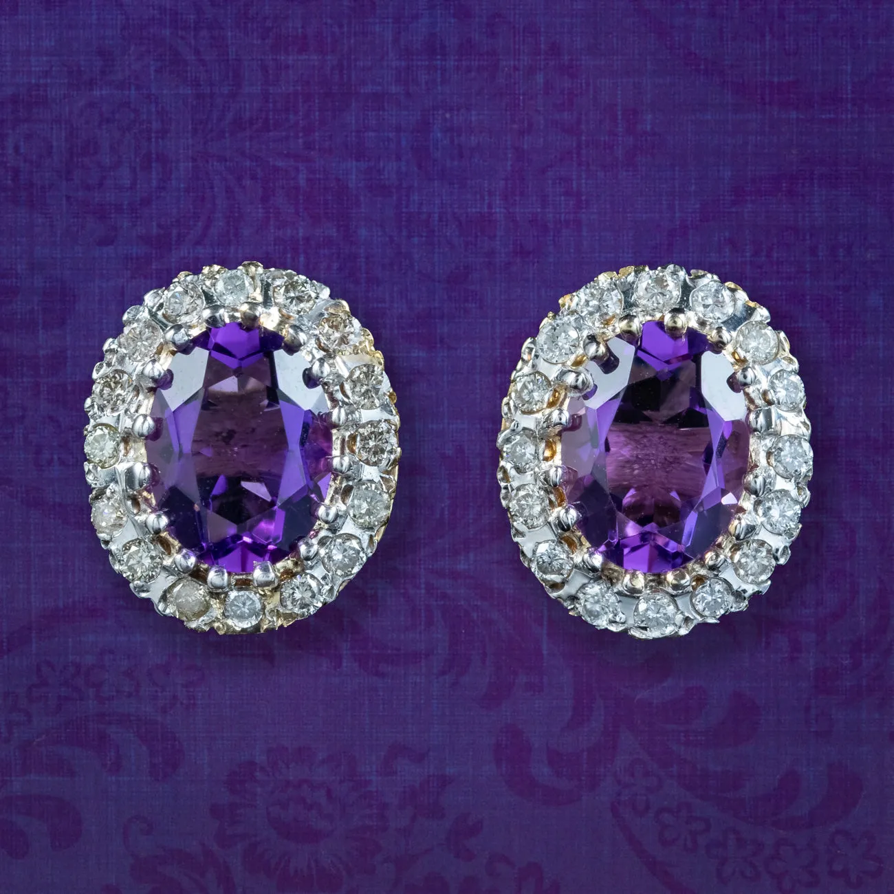 Victorian Style Amethyst Diamond Cluster Stud Earrings 9ct Gold