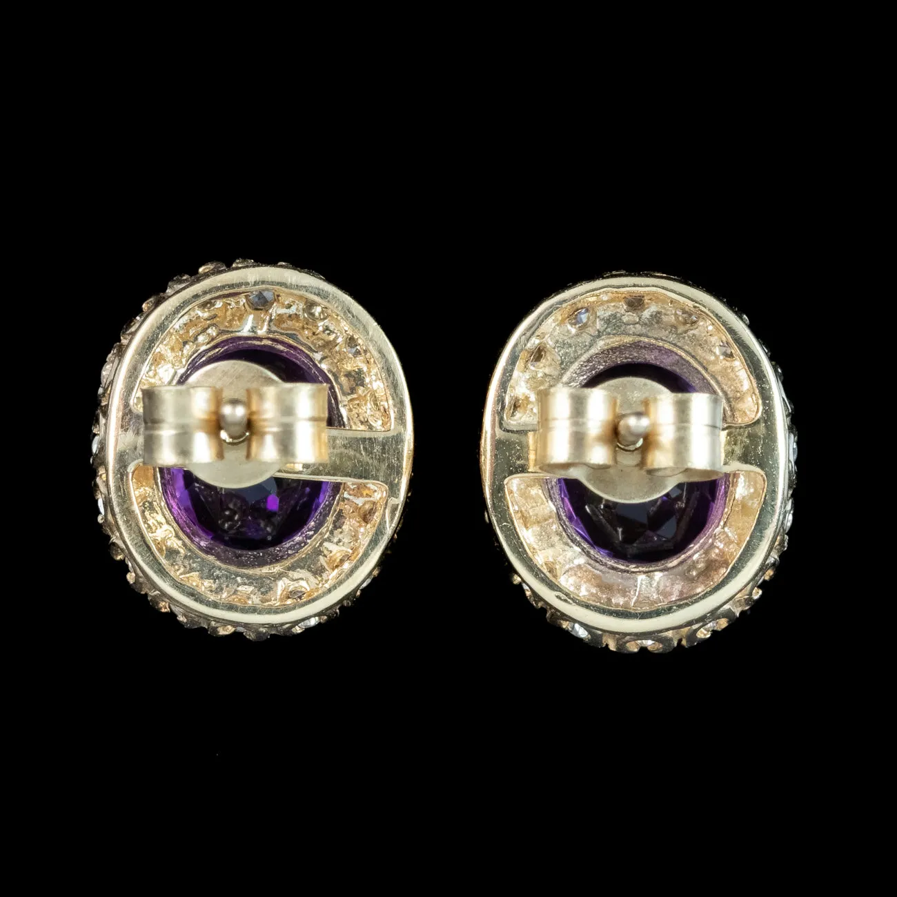 Victorian Style Amethyst Diamond Cluster Stud Earrings 9ct Gold