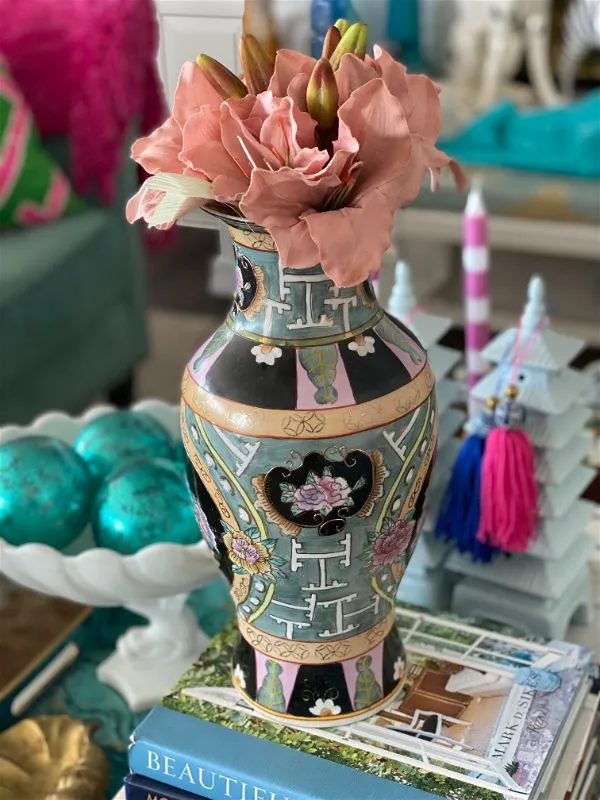 Vintage Black and Green Floral Asian Vase