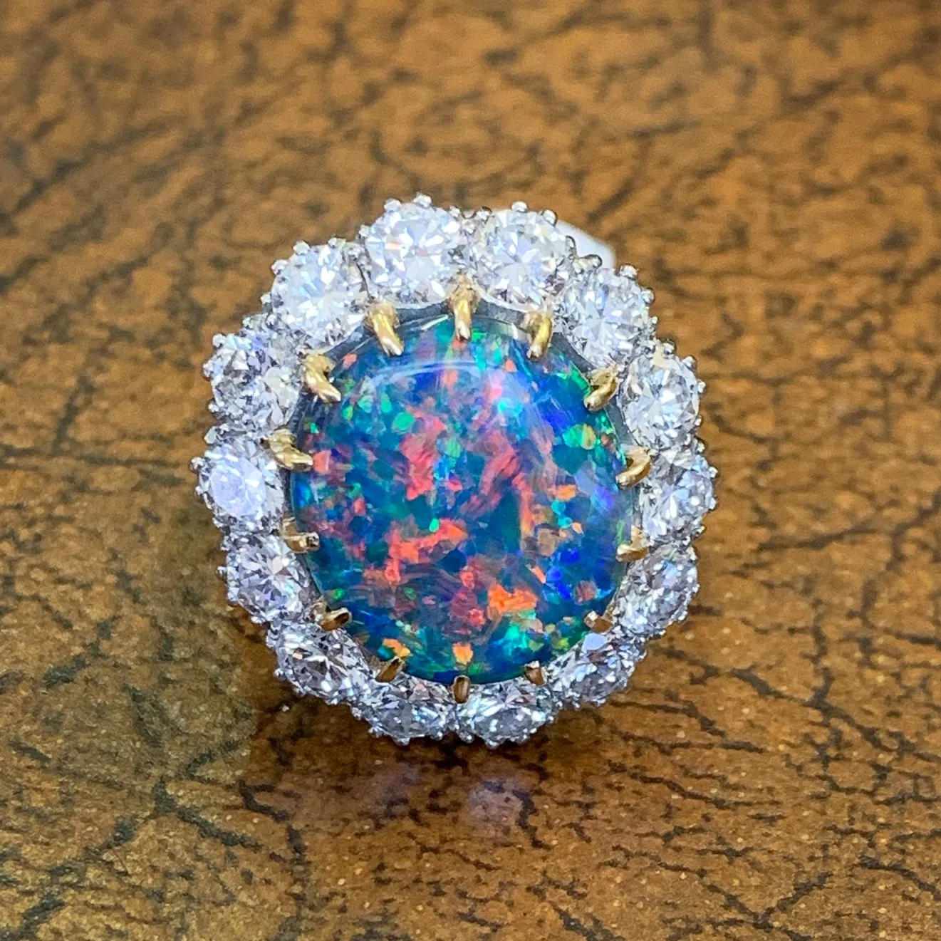 Vintage Black Opal Cluster Ring Platinum 5.75Ct Opal Circa 1970