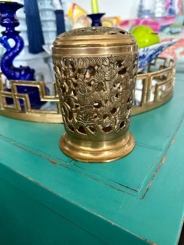 Vintage Chinese Incense Burner, Brass, 7 Immortals, Tea Light