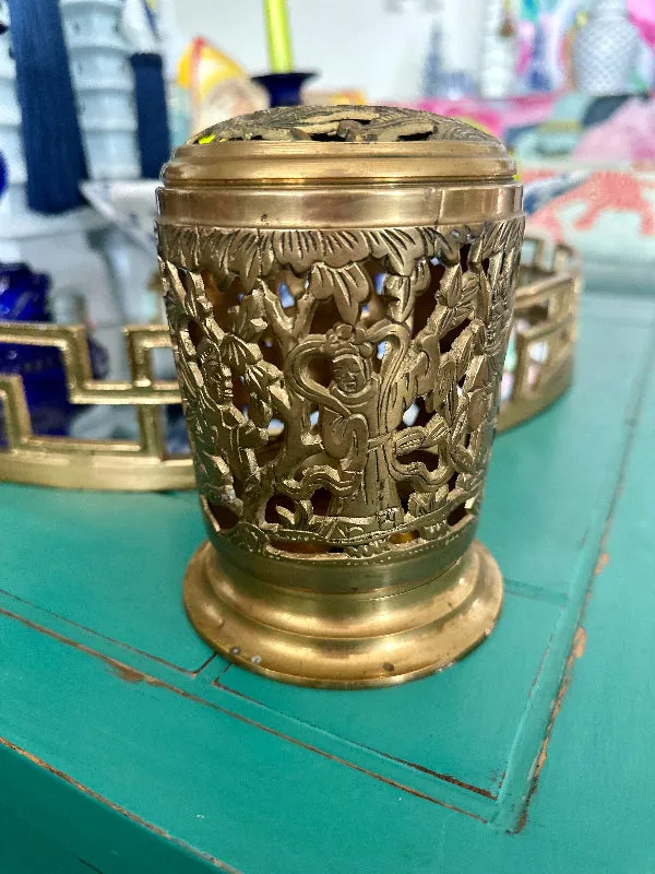 Vintage Chinese Incense Burner, Brass, 7 Immortals, Tea Light