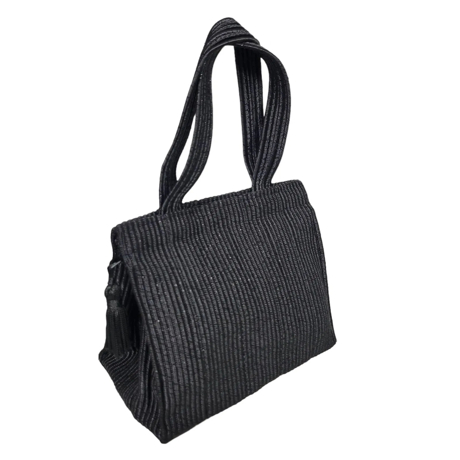 Vintage Collezione Mini Bag Black Metallic Textured Ribbed Tassel Straps Tote Shopper Dressy Party Evening Handbag