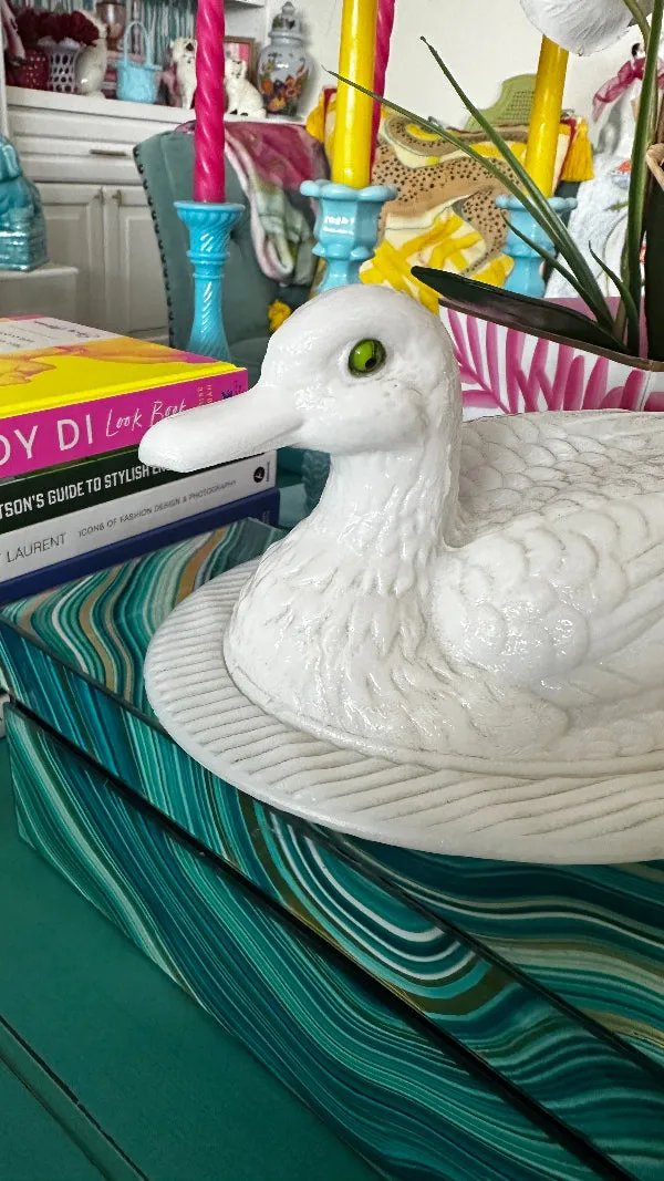 Vintage Milk Glass Duck Dish,Westmoreland, Lidded, Green Glass Eyes, Very Rare