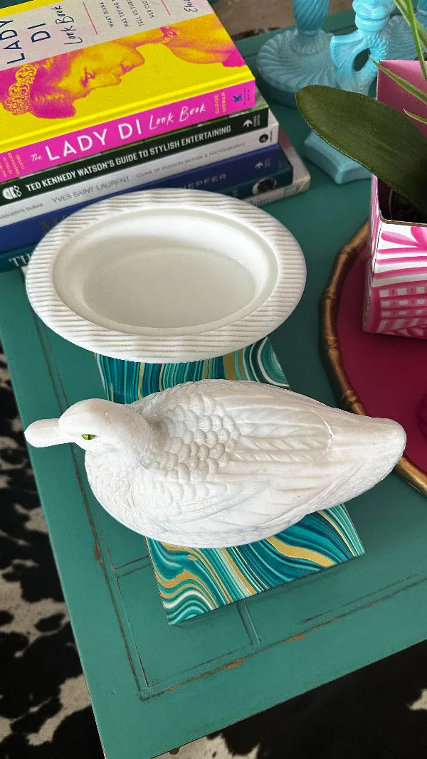 Vintage Milk Glass Duck Dish,Westmoreland, Lidded, Green Glass Eyes, Very Rare