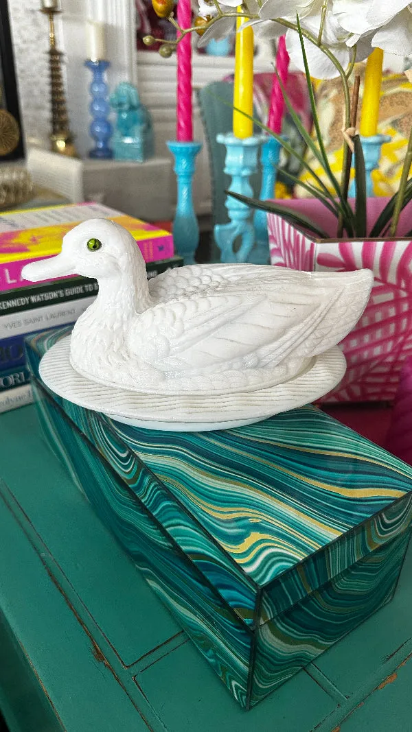 Vintage Milk Glass Duck Dish,Westmoreland, Lidded, Green Glass Eyes, Very Rare