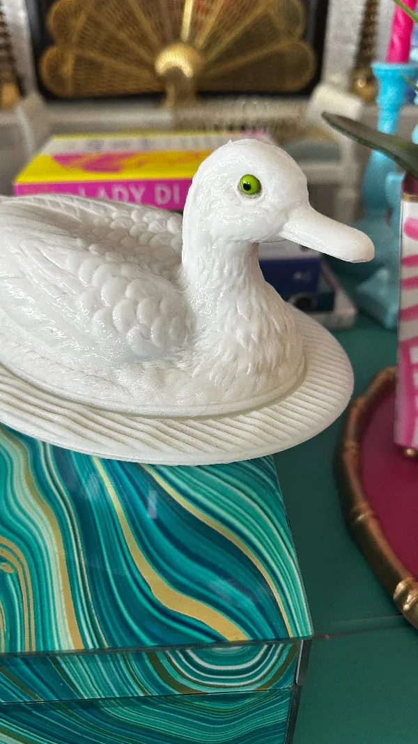 Vintage Milk Glass Duck Dish,Westmoreland, Lidded, Green Glass Eyes, Very Rare