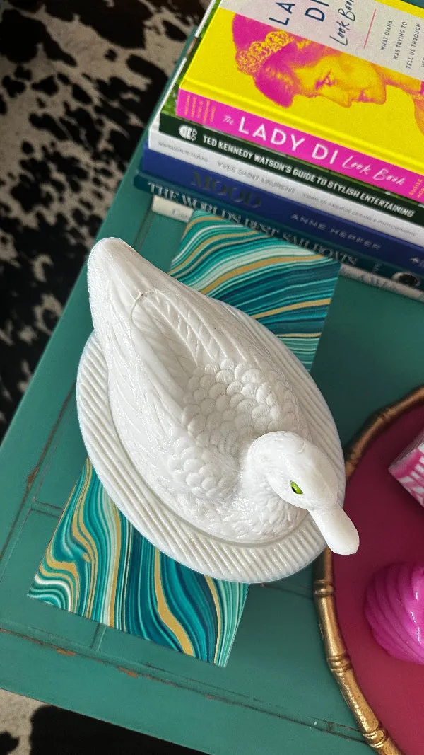 Vintage Milk Glass Duck Dish,Westmoreland, Lidded, Green Glass Eyes, Very Rare