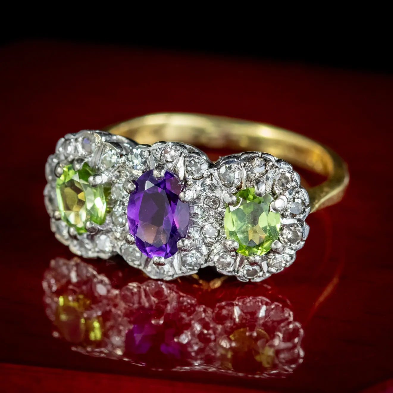 Vintage Suffragette Cluster Ring Diamond Peridot Amethyst Dated 1976