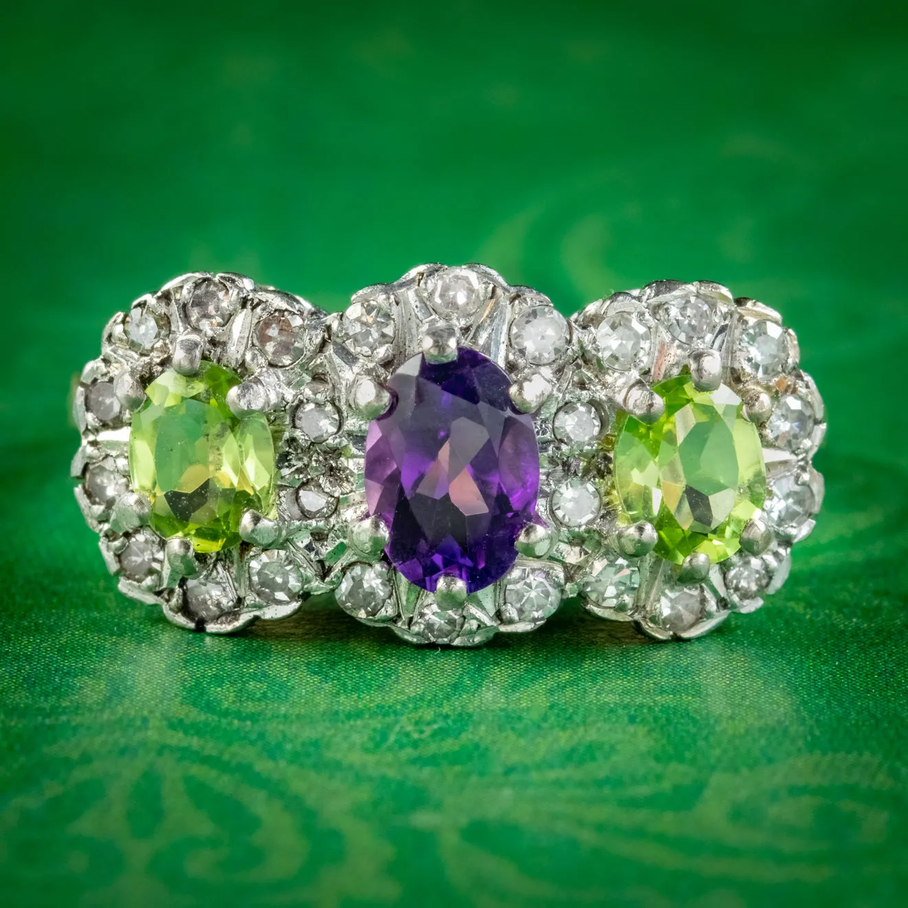 Vintage Suffragette Cluster Ring Diamond Peridot Amethyst Dated 1976