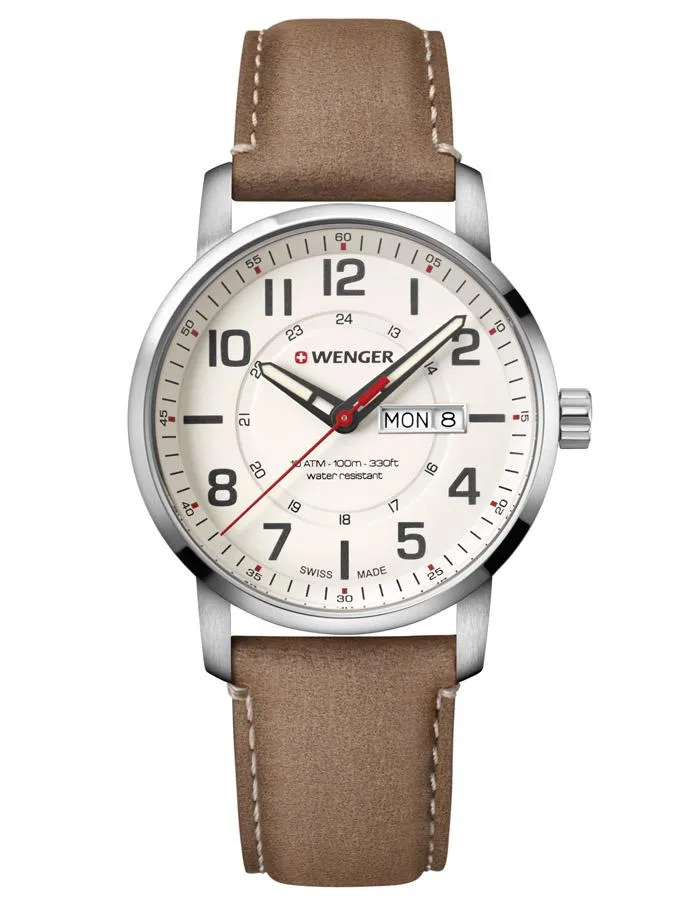 Wenger Mens Attitude Military Time Watch - Leather Strap - Day/Date Window