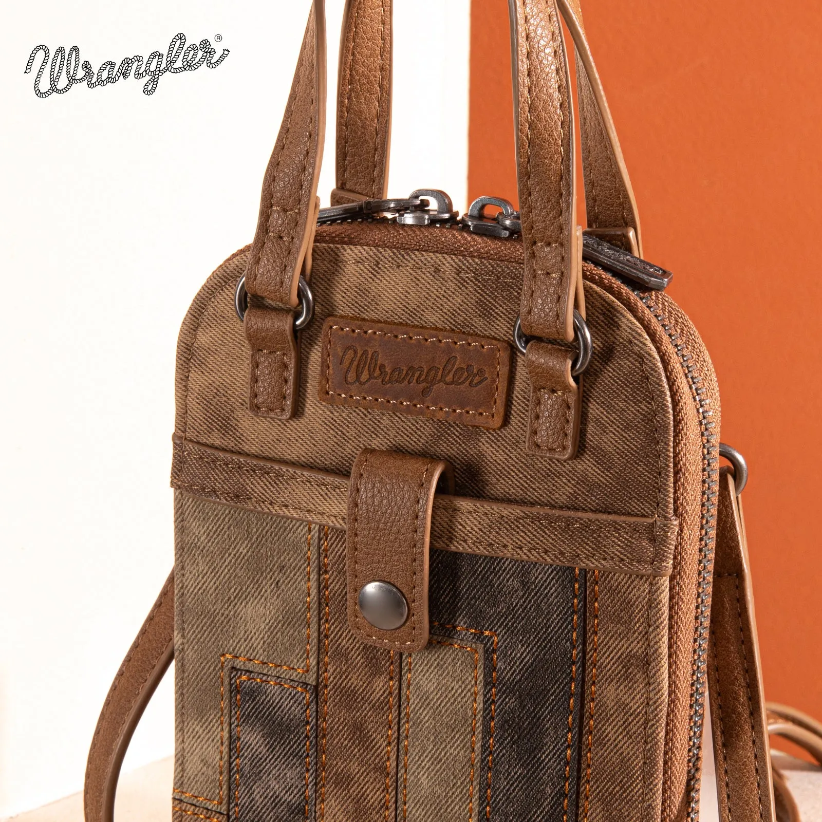 WG164-1831   Wrangler Denim Patchwork North South Mini Bag/Crossbody - Brown