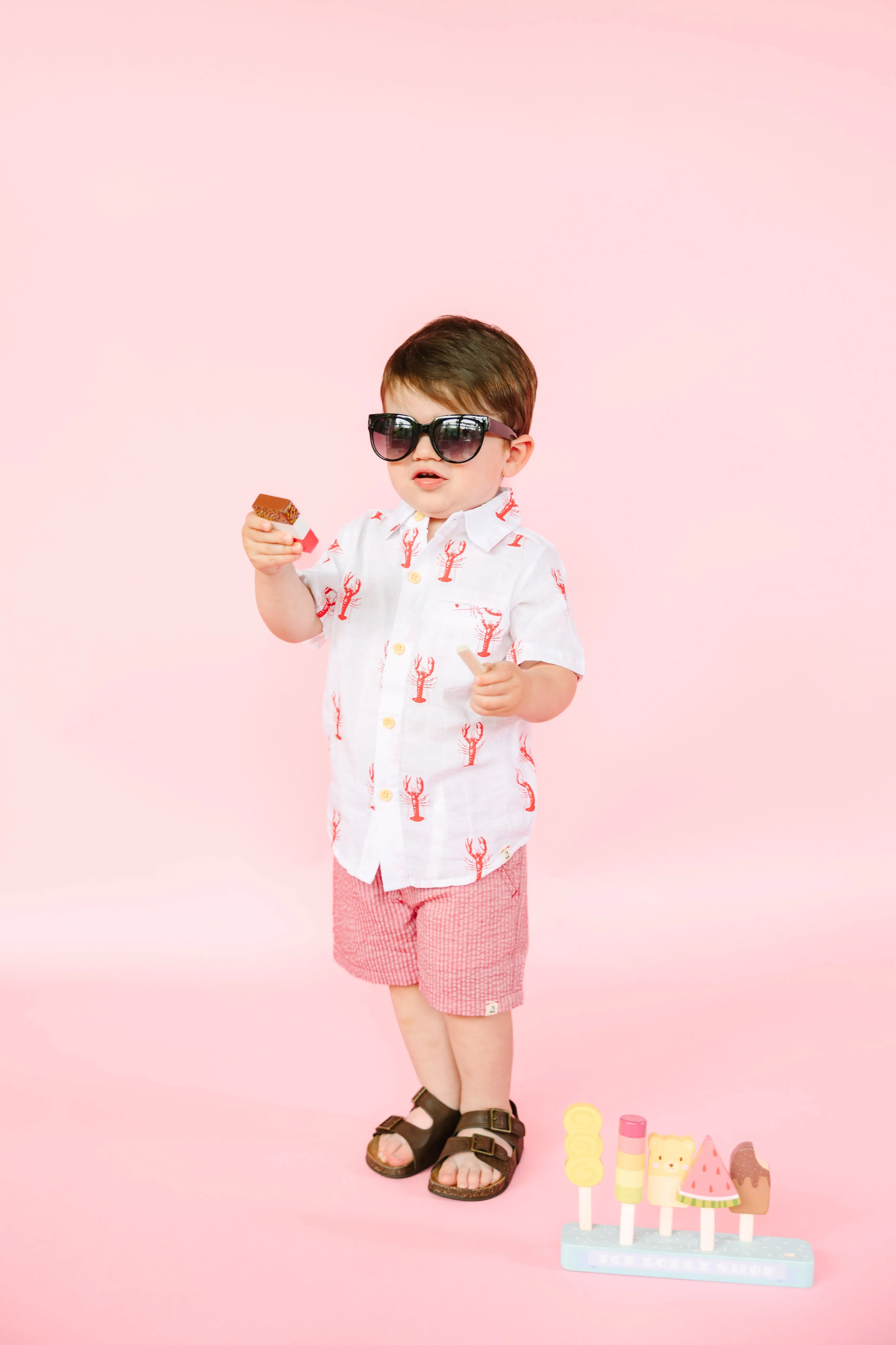 White with Red Lobsters Collared Shirt