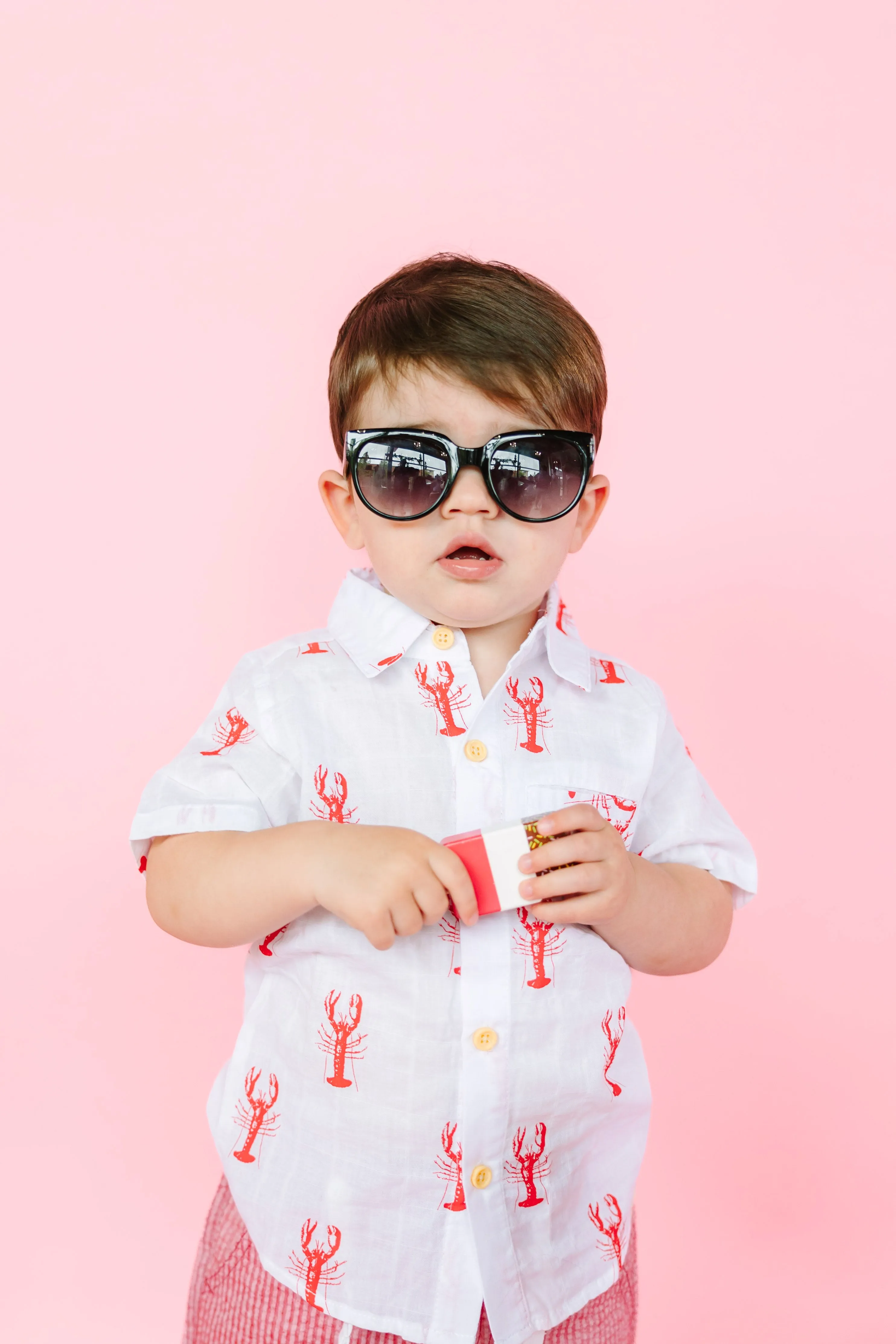 White with Red Lobsters Collared Shirt