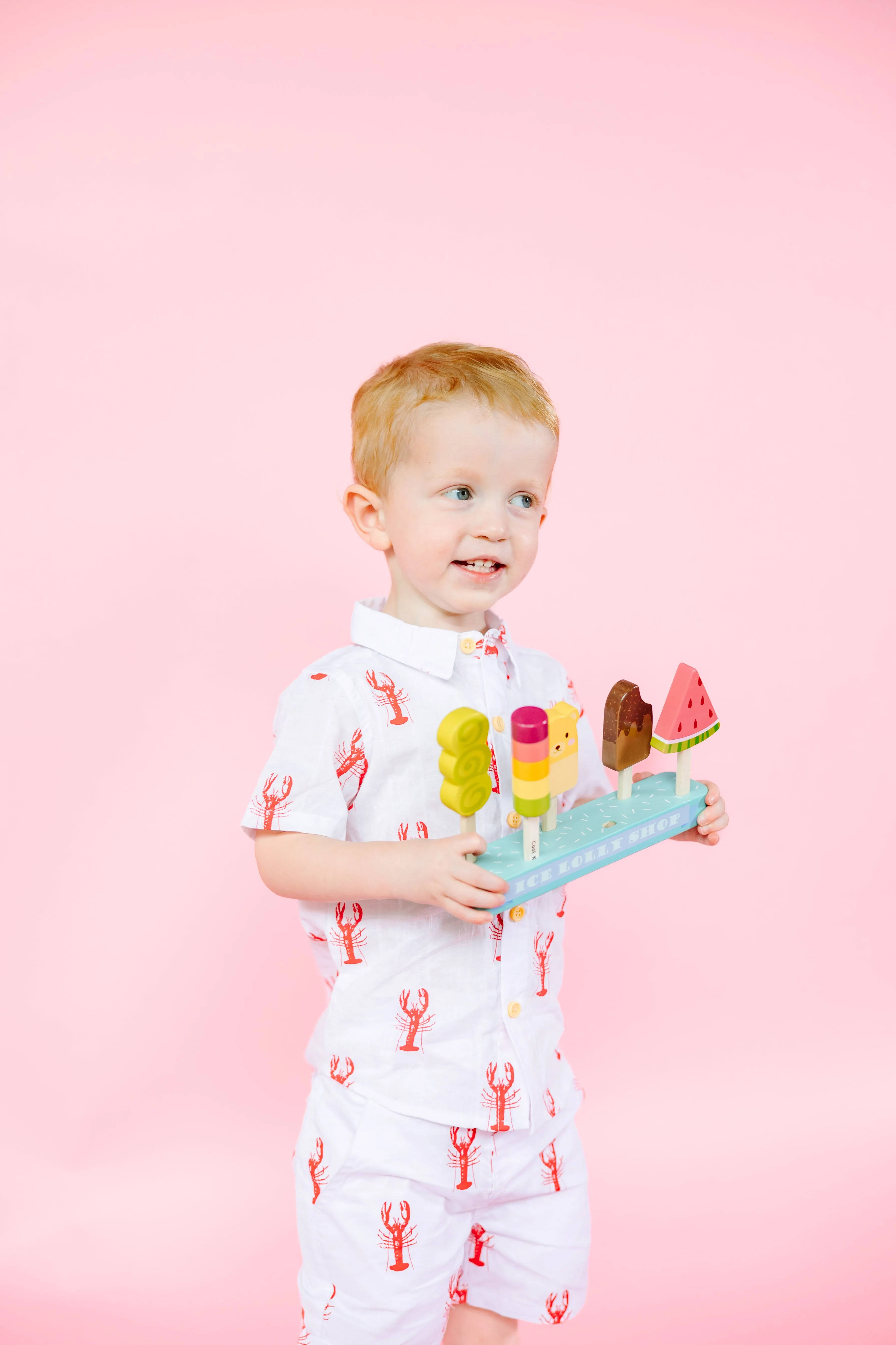 White with Red Lobsters Collared Shirt