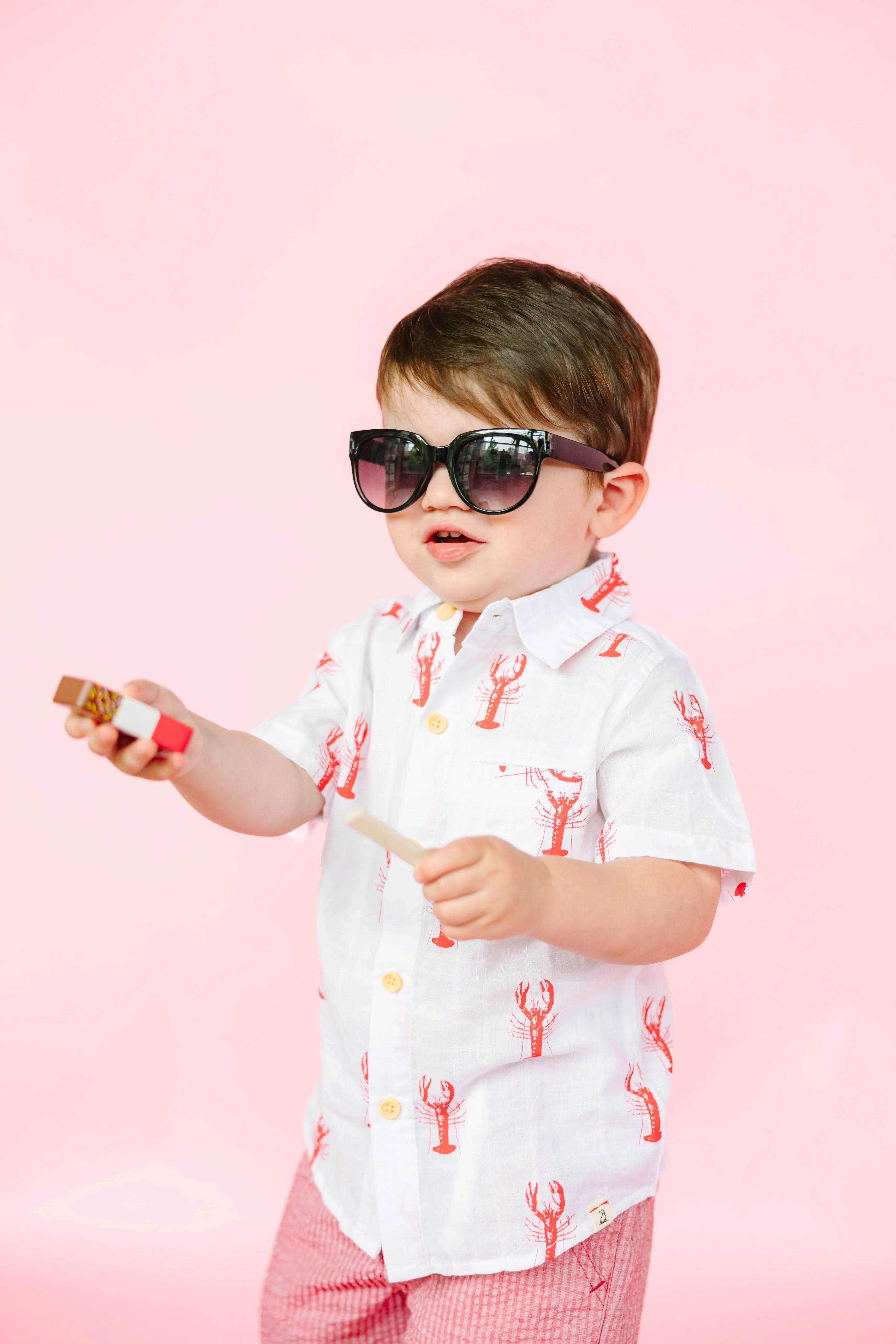 White with Red Lobsters Collared Shirt