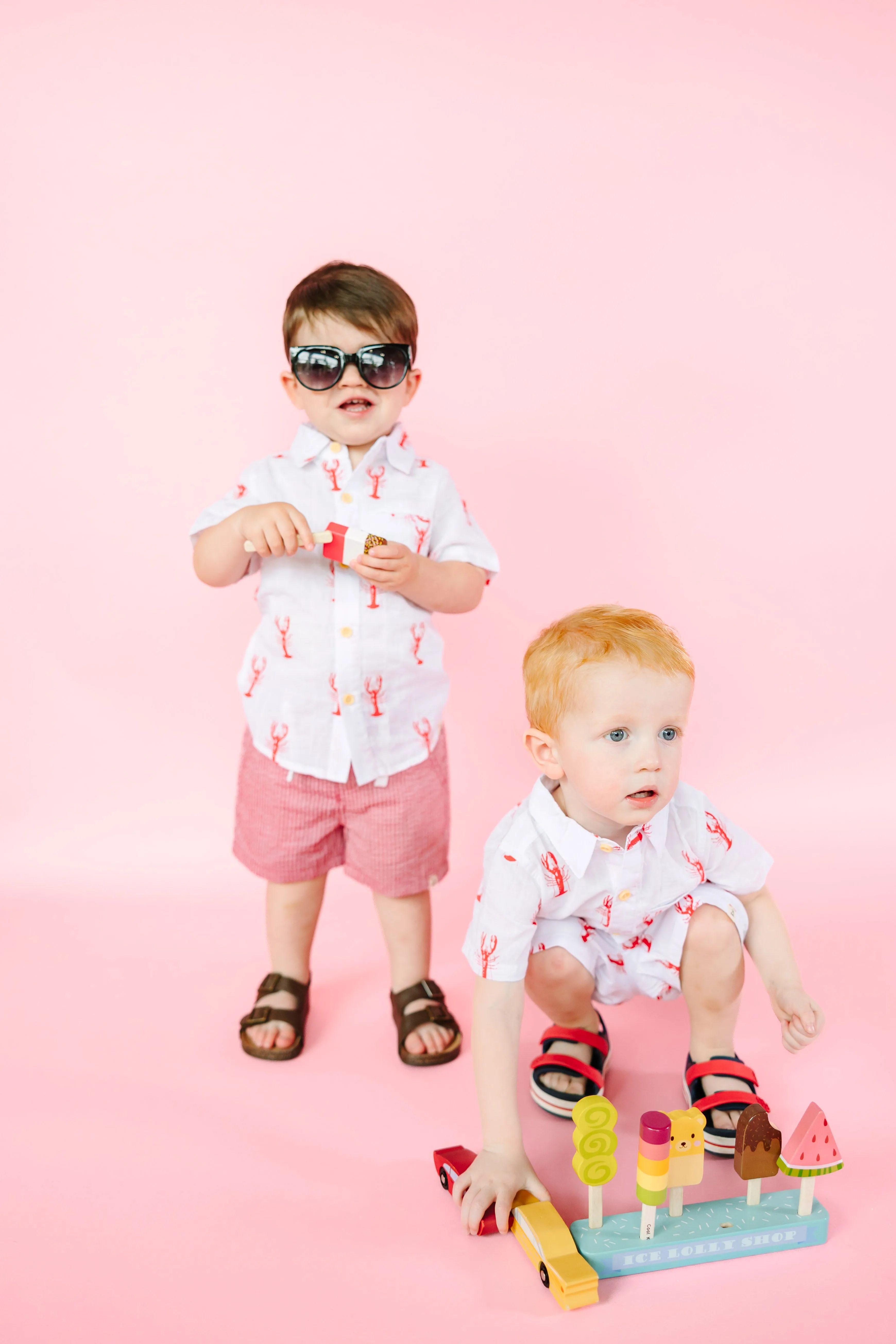 White with Red Lobsters Collared Shirt