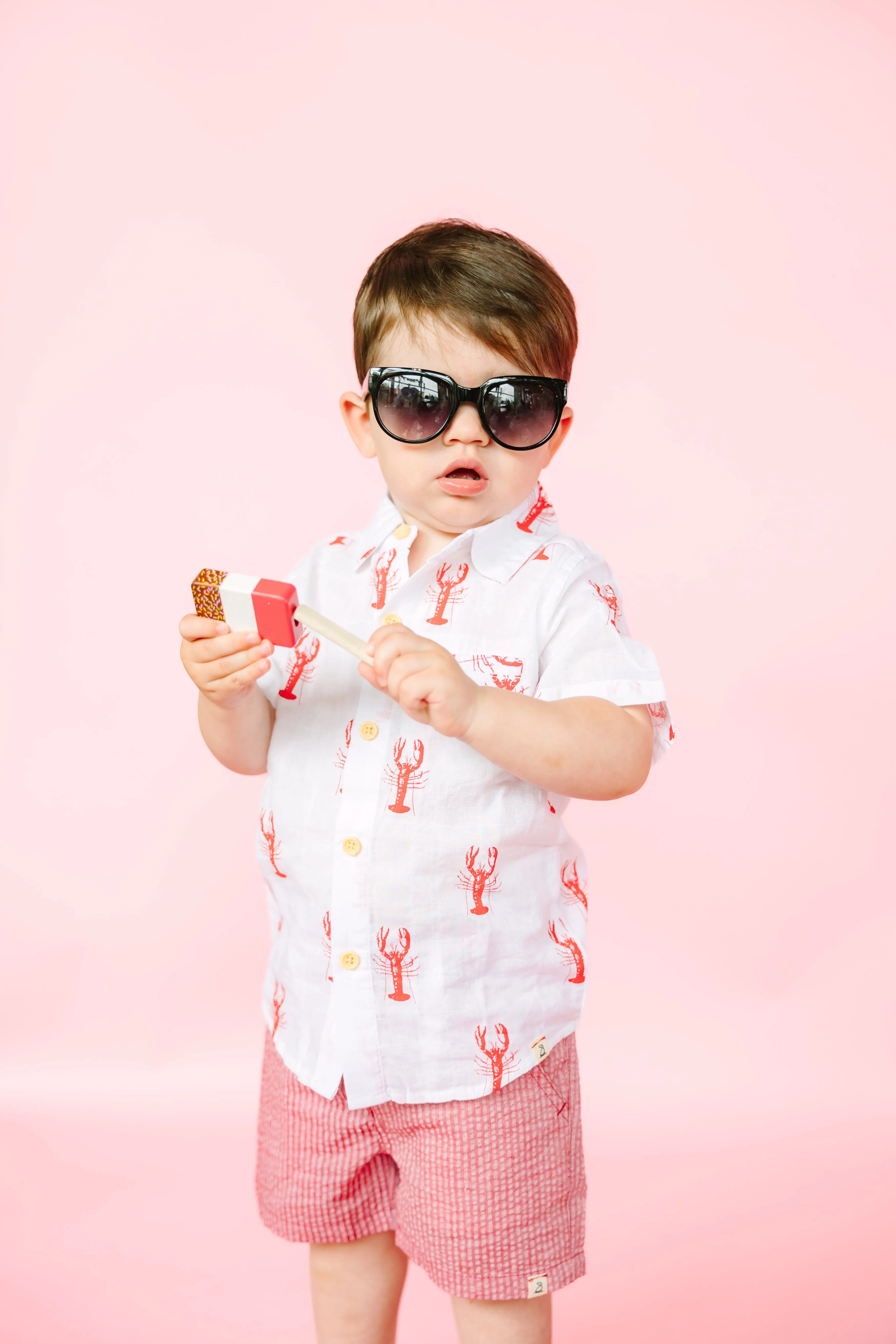 White with Red Lobsters Collared Shirt